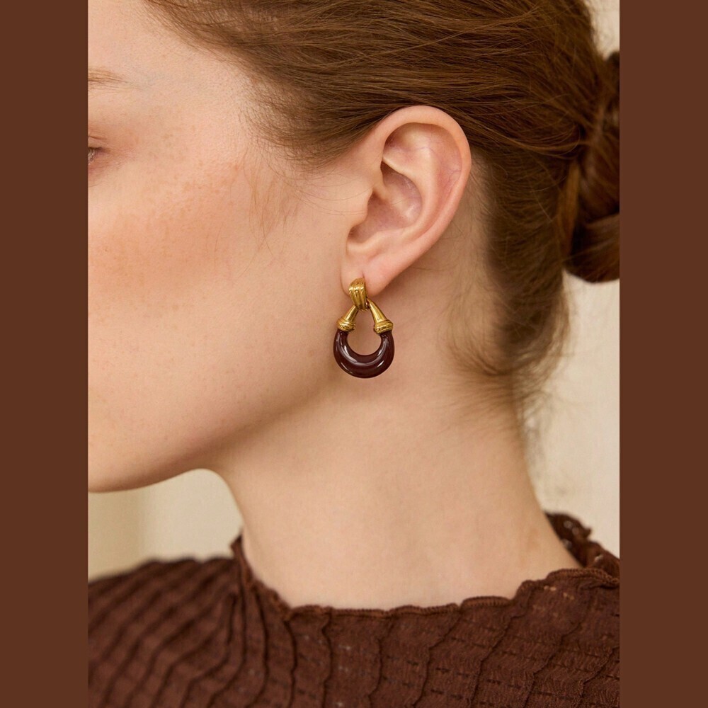 Burgundy Enamel Gold Tone Ribbed Doorknocker Hoop Earrings